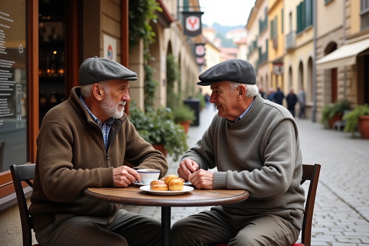 Deux hommes âgés discutant dans un café de village