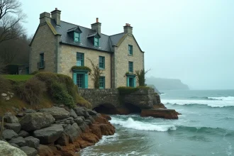 Hôtel en pierre de Bretagne au bord de la mer avec vue sur les rochers et les marées de l'Atlantique
