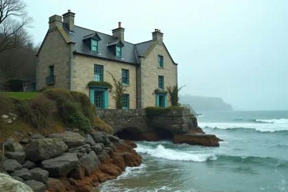 Hôtel en pierre de Bretagne au bord de la mer avec vue sur les rochers et les marées de l'Atlantique
