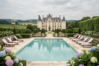 Piscine extérieure d'un hôtel de luxe en Centre-Val de Loire avec vue sur un château Renaissance et jardins à la française