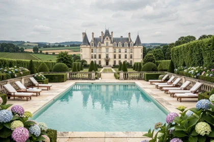 Piscine extérieure d'un hôtel de luxe en Centre-Val de Loire avec vue sur un château Renaissance et jardins à la française