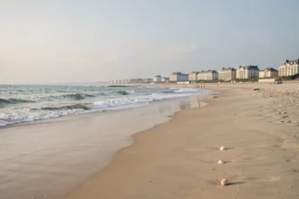 Vue panoramique d'une plage atlantique dans les Pays de la Loire avec des hôtels en bord de mer à l'horizon
