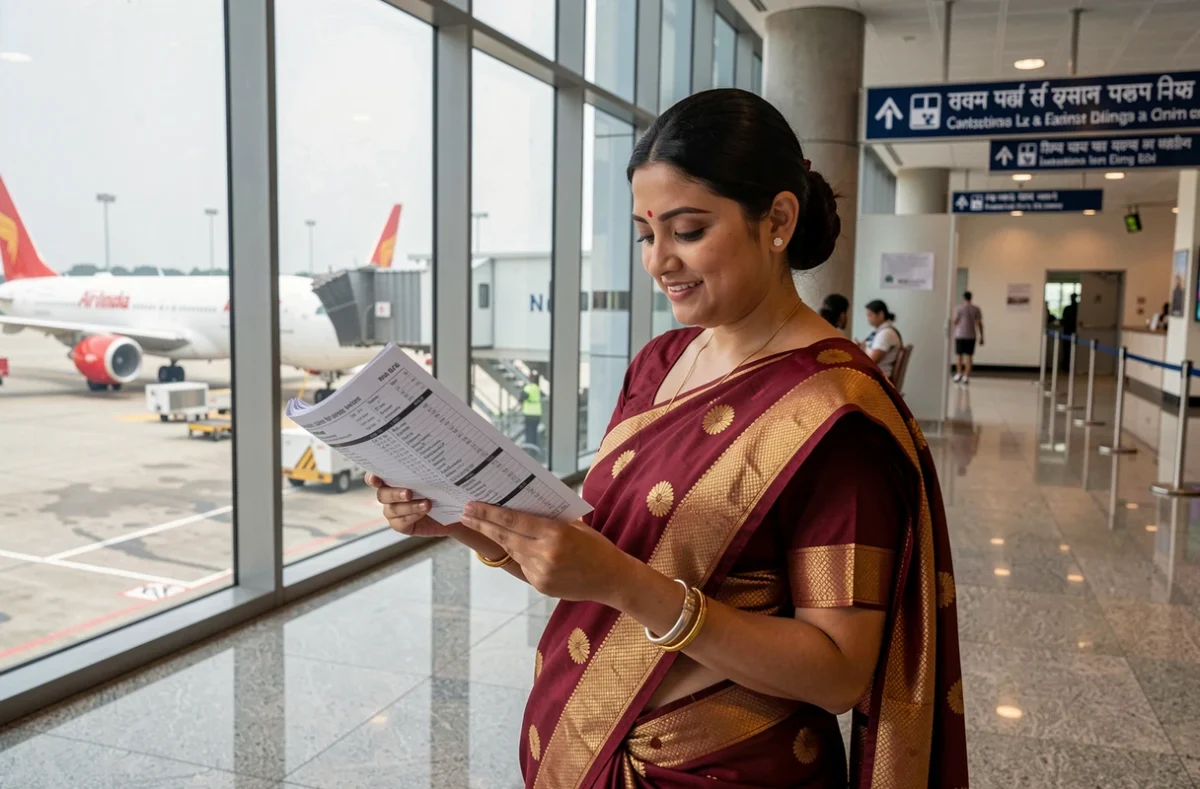 Hôtesse de l'air Air India en uniforme traditionnel consultant un manifeste de vol dans un terminal aérien moderne