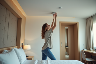 Femme inspectant un détecteur de fumée dans une chambre d'hôtel