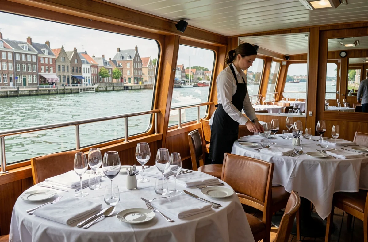 Intérieur élégant d'un bateau de croisière gastronomique sur la Seine à Rouen avec vue panoramique