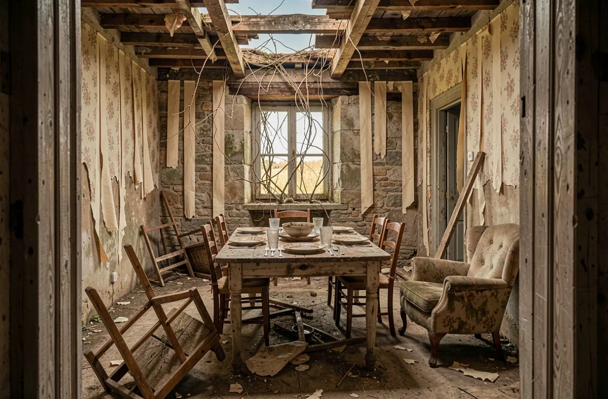 Intérieur abandonné d'une ferme française en ruine avec mobilier laissé sur place dans le Massif Central