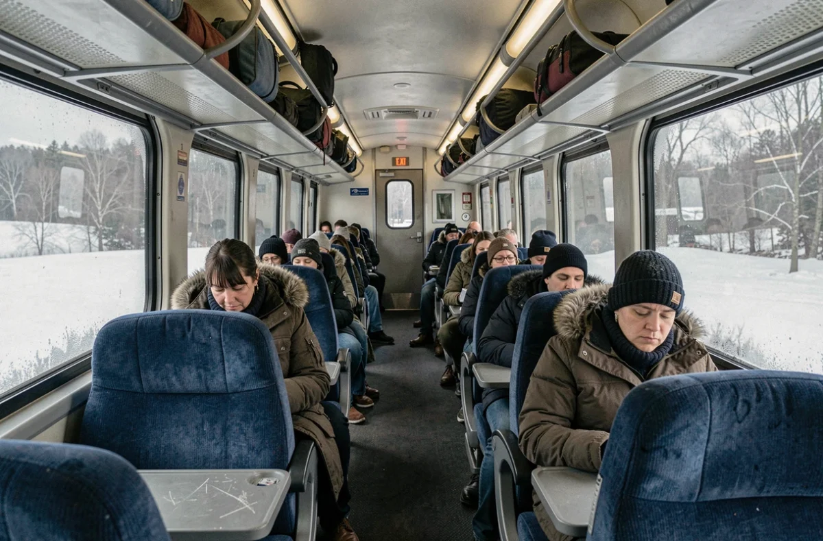 Intérieur d'un train Amtrak en hiver avec paysage enneigé visible par les fenêtres lors du trajet New York Boston