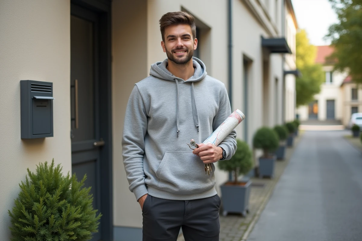 Jeune actif devant un immeuble résidentiel à Pétange Luxembourg, tenant ses clés d'appartement