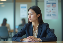 Jeune femme en blazer assise dans centre de visa moderne
