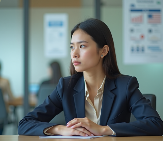 Jeune femme en blazer assise dans centre de visa moderne
