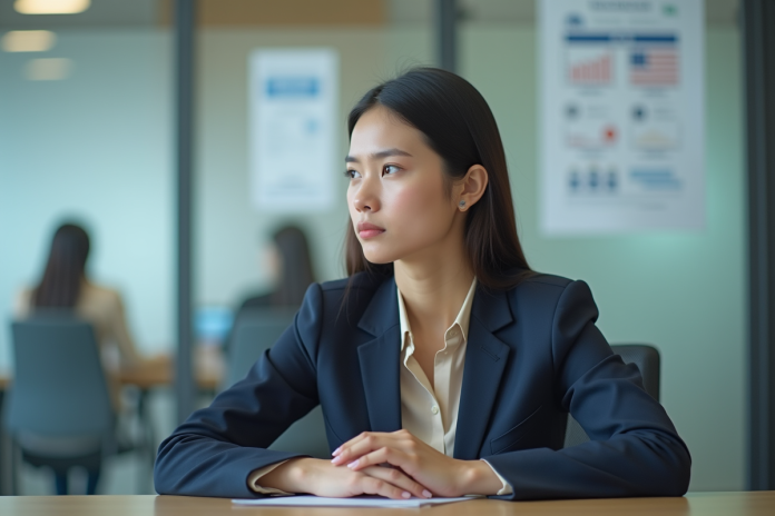 Jeune femme en blazer assise dans centre de visa moderne