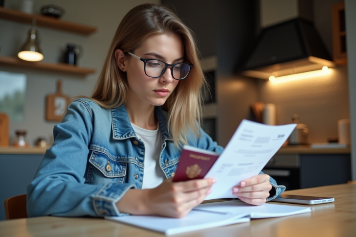 jeune-femme-permis-international Jeune femme examine son permis international et passeport