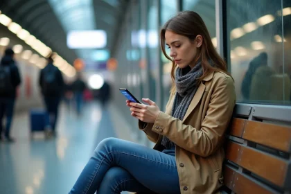 Jeune femme avec smartphone et carte de voyage à Rome2Rio