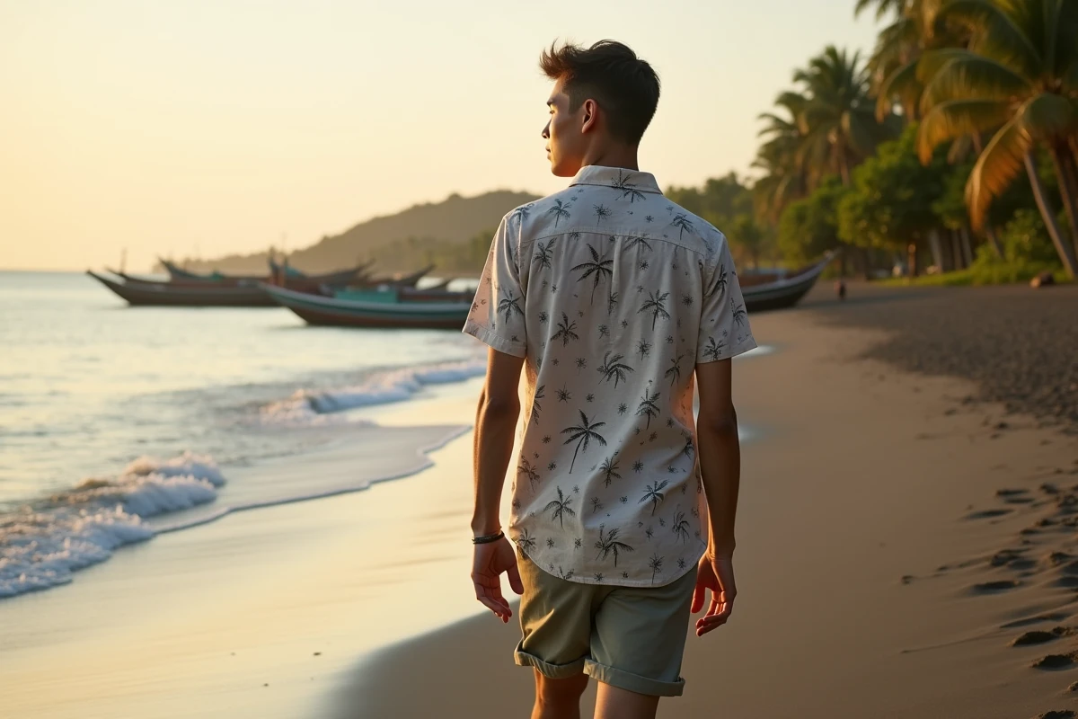 Jeune homme marchant au lever du soleil sur la plage