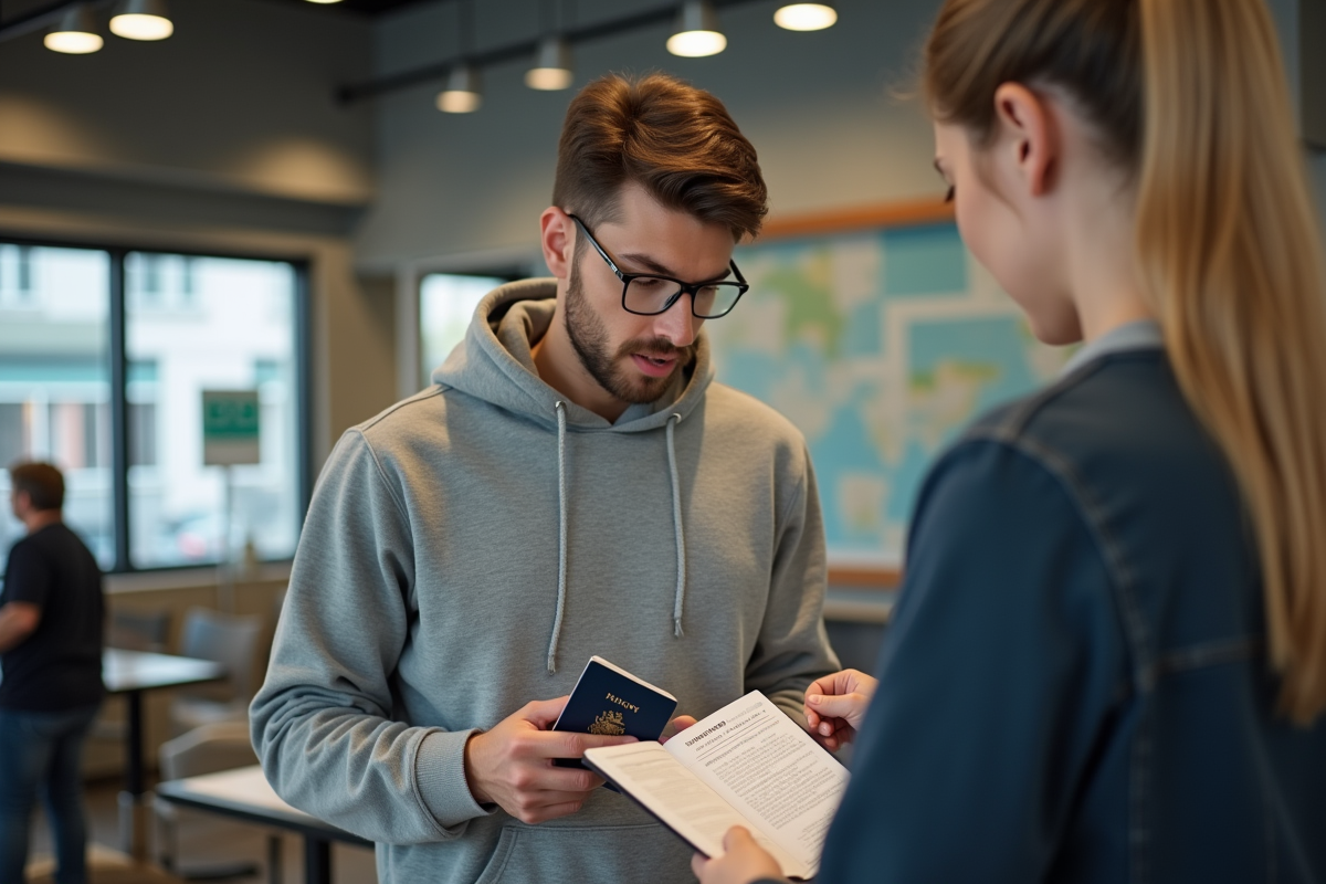 Jeune homme montrant son passeport au conseiller de voyage