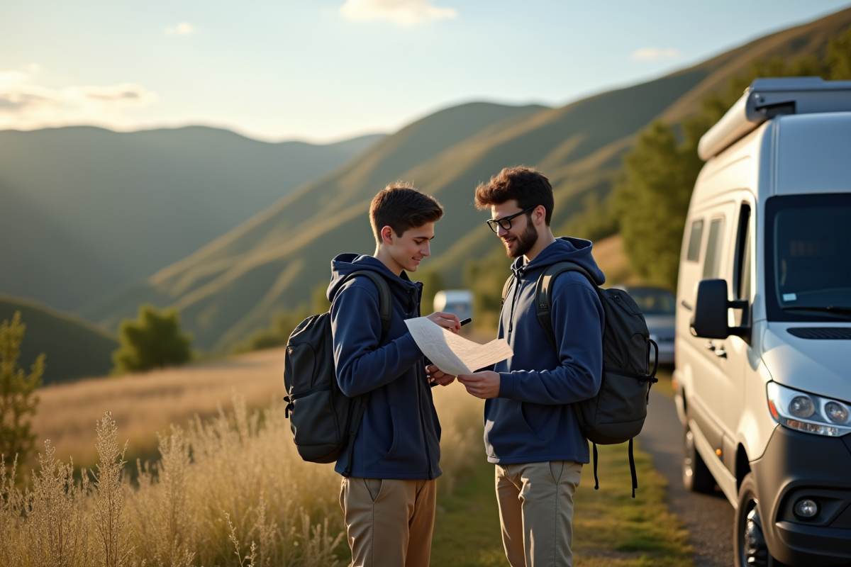 Jeune homme pointant un itinéraire devant un van en pleine nature