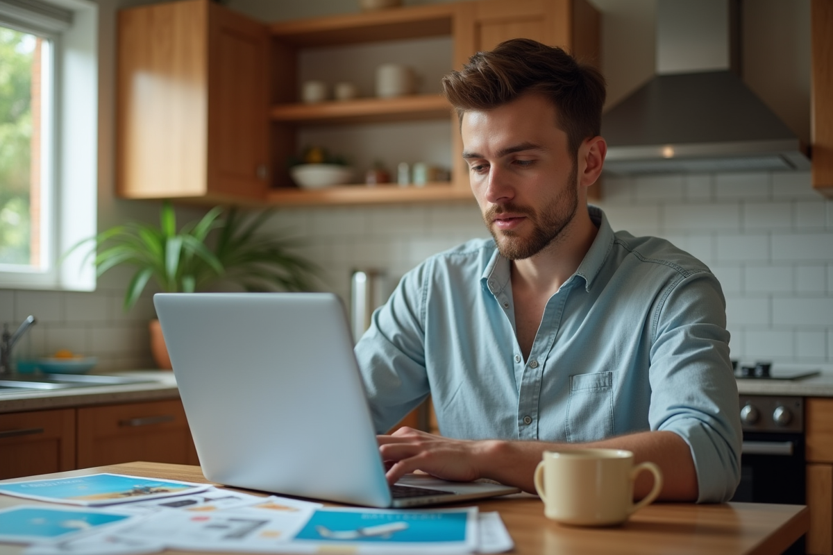 Jeune homme vérifiant les offres de vols Tahiti à la maison