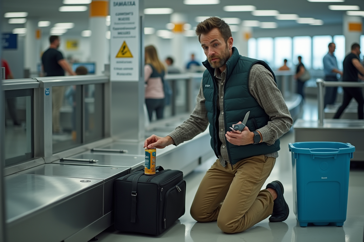 Homme vérifiant ses objets au contrôle de sécurité