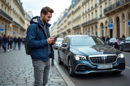 Jeune homme en ville utilisant son smartphone à Paris