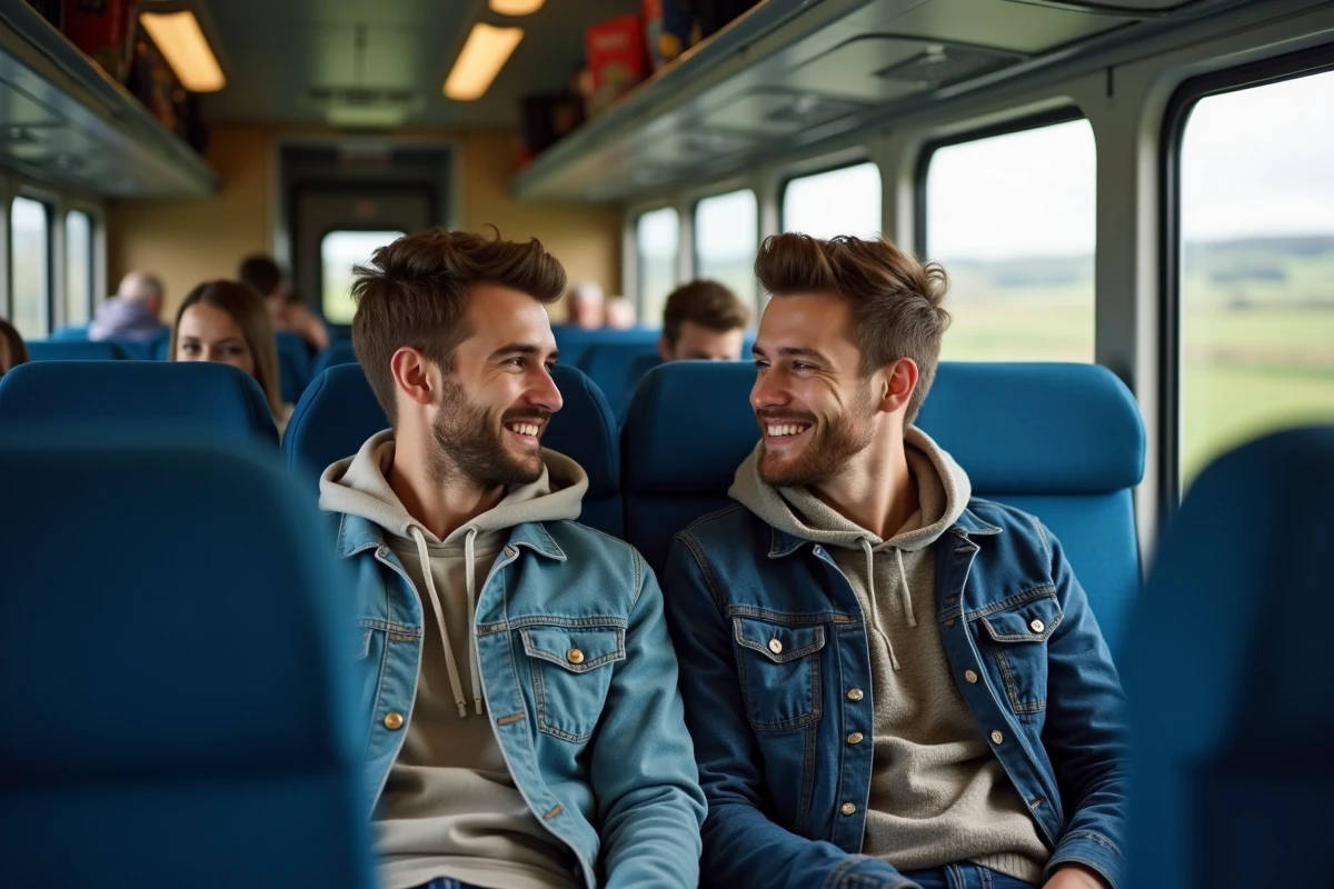 Deux jeunes hommes discutant dans un compartiment de train