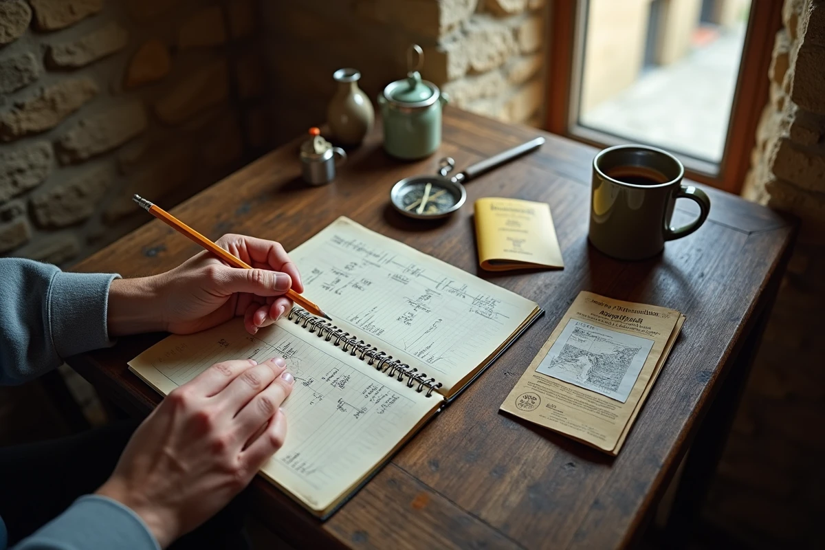 Journal de bord d'un pèlerin avec notes de distances quotidiennes, boussole et carnet de timbres de Compostelle sur bureau en bois dans un gîte