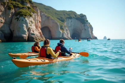 Deux femmes et un jeune homme en kayak sur la côte bretonne