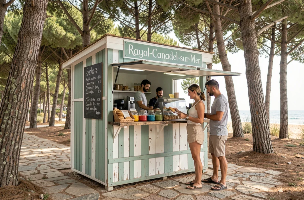 Kiosque artisanal de glaces et snacks sous les pins près de la plage du Rayol-Canadel avec ardoise de menu
