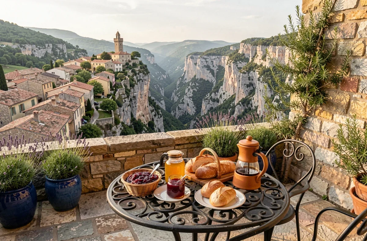 Terrasse du gîte La Parare à Tourrettes-sur-Loup avec petit-déjeuner et vue sur le village perché