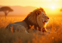 Lion mâle majestueux reposant dans la savane dorée au lever du soleil