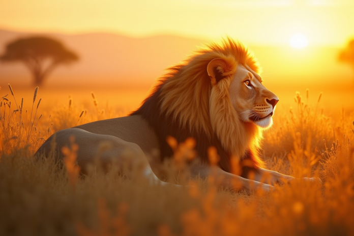 Lion mâle majestueux reposant dans la savane dorée au lever du soleil