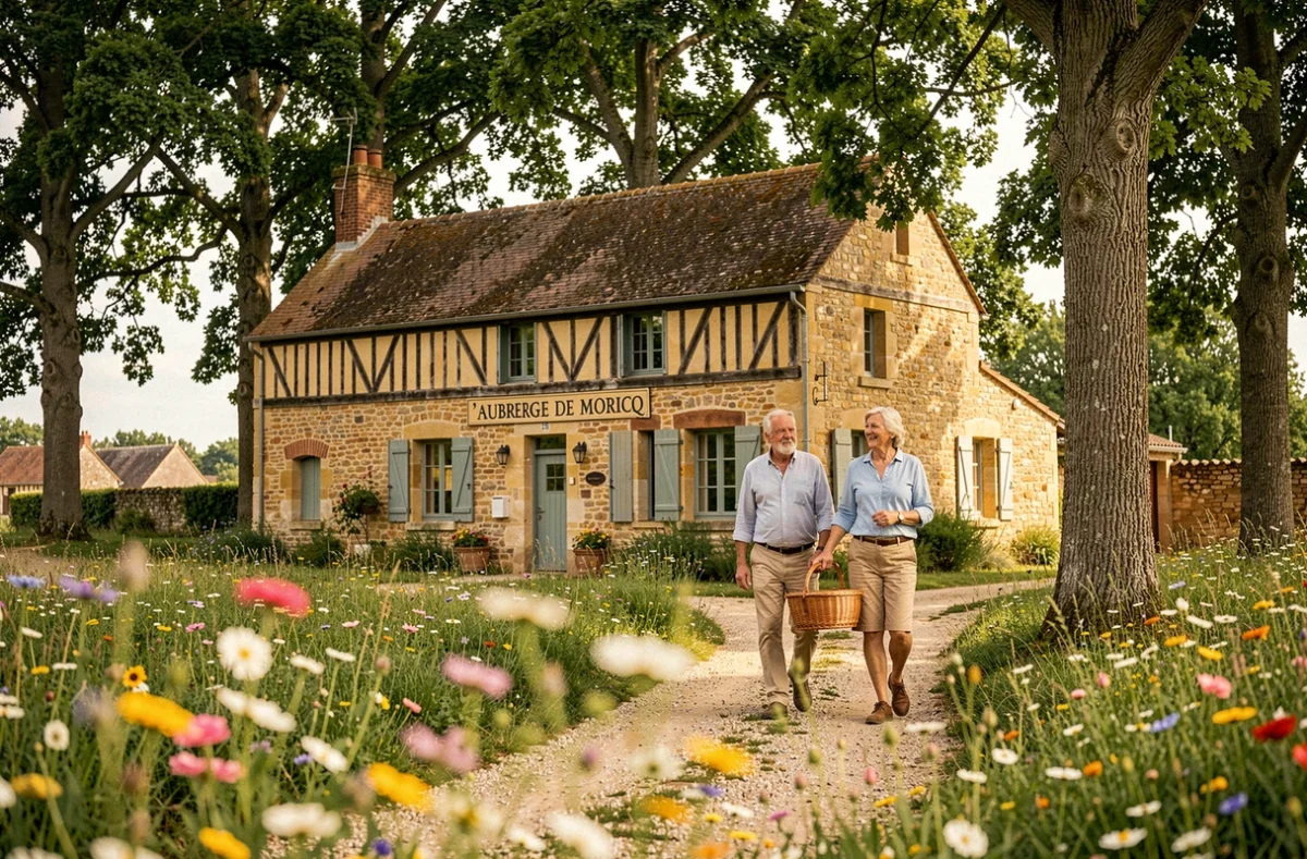 Façade rustique en pierre de l'Auberge de Moricq entourée d'arbres et de prairie fleurie en Vendée