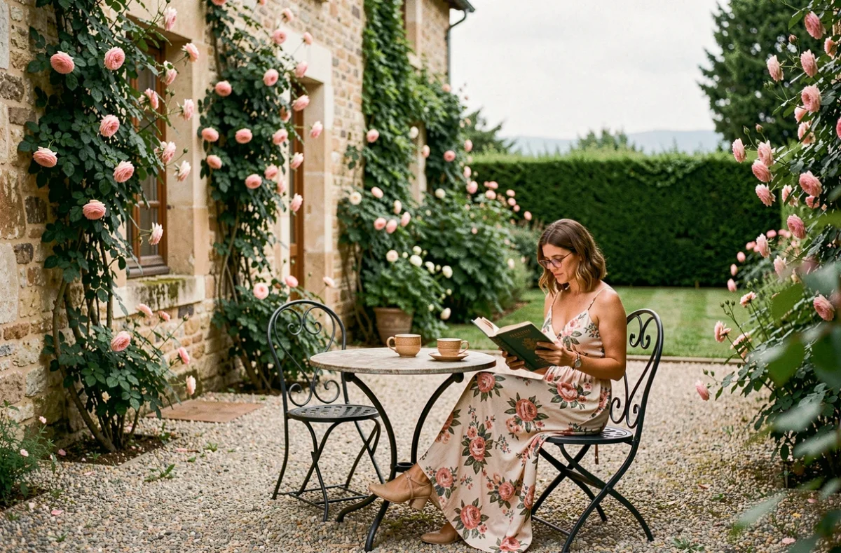 Jardin pittoresque du Logis Hôtel la Closerie avec mobilier en fer forgé et façade en pierre fleurie