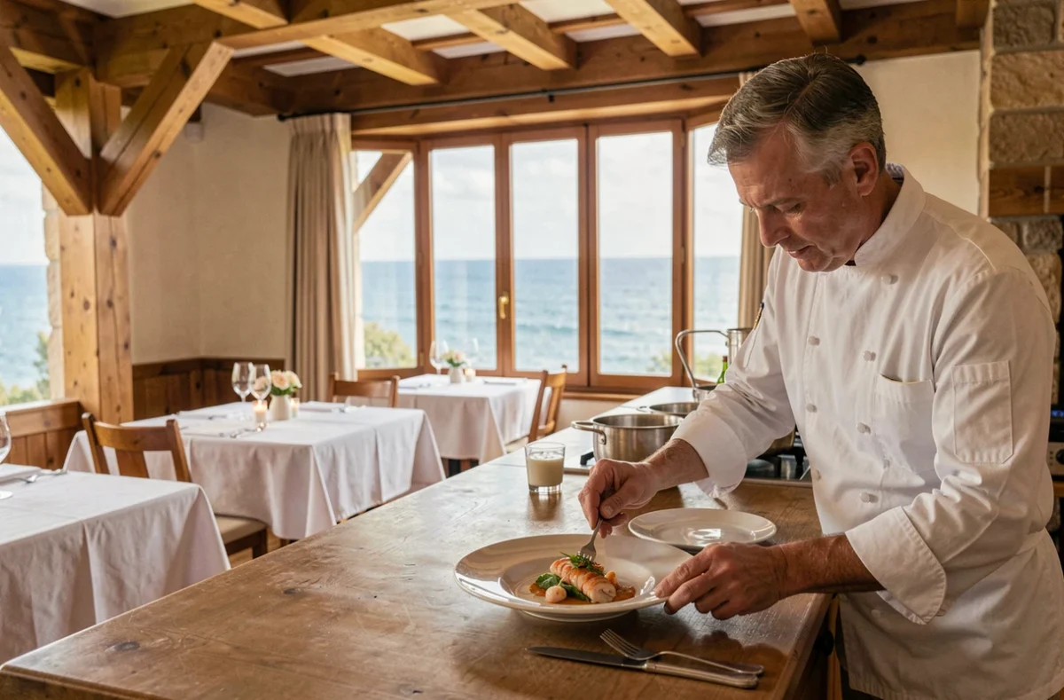 Salle de restaurant gastronomique de l'Hôtellerie les Brisants avec vue sur mer et chef en cuisine