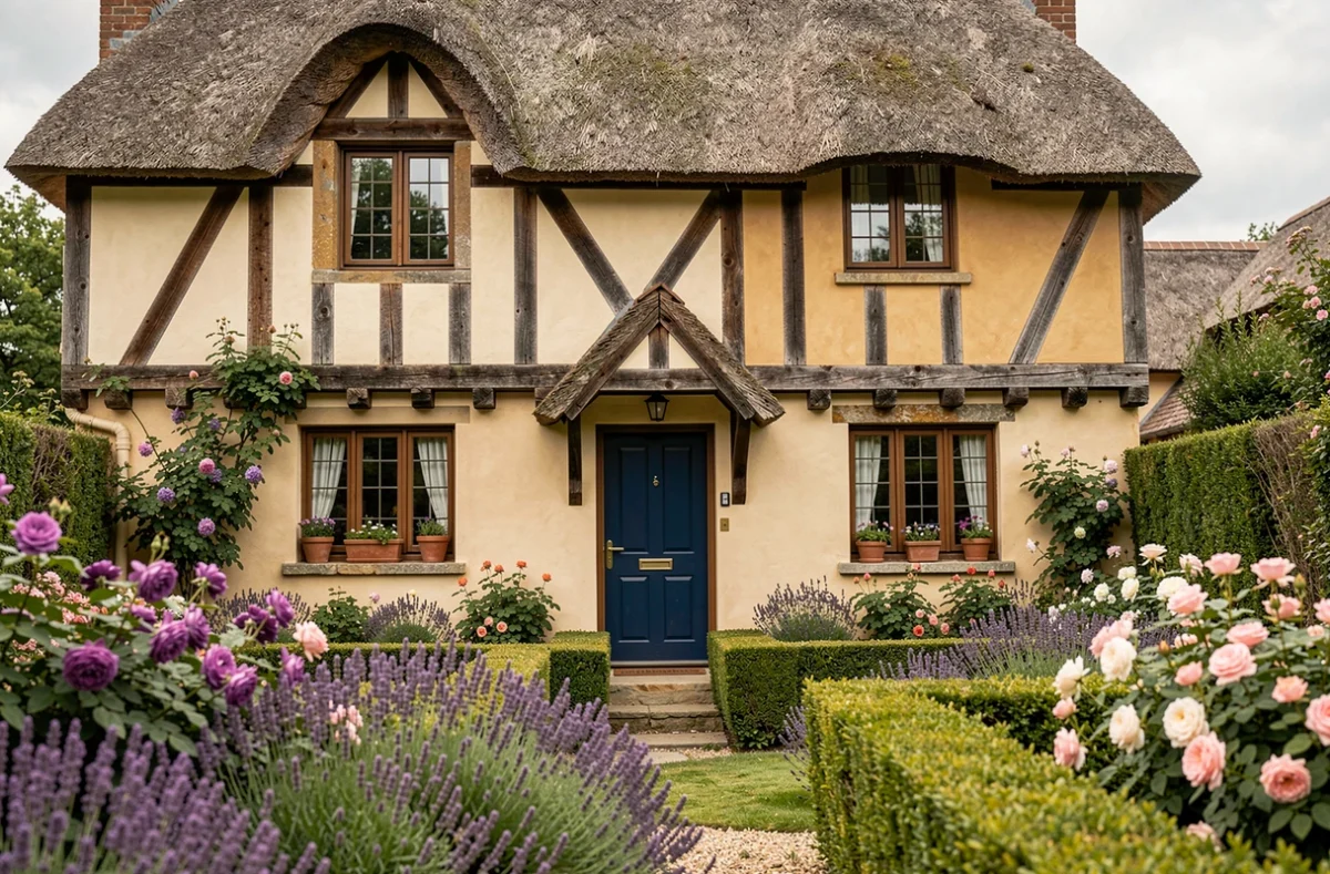 La Maison Plûme, manoir normand à toit de chaume et colombages entouré d'un jardin fleuri en Normandie