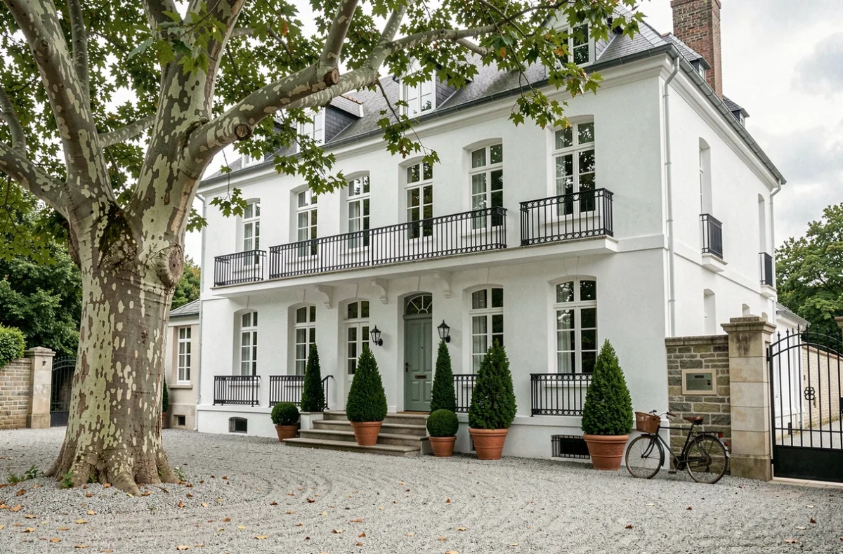 La Maison Villeneuve, demeure bourgeoise normande du XVIIIe siècle avec cour en graviers et topiaires