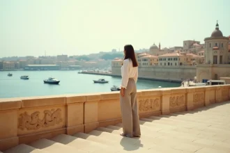 Femme seule sur les marches des jardins de la Barrakka supérieure à Malte en basse saison, vue sur le Grand Harbour calme