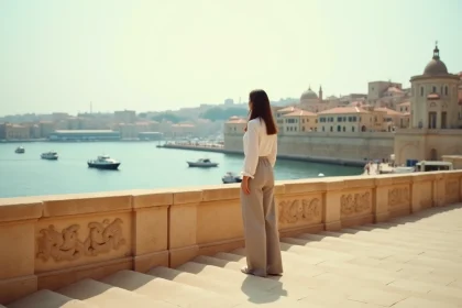 Femme seule sur les marches des jardins de la Barrakka supérieure à Malte en basse saison, vue sur le Grand Harbour calme