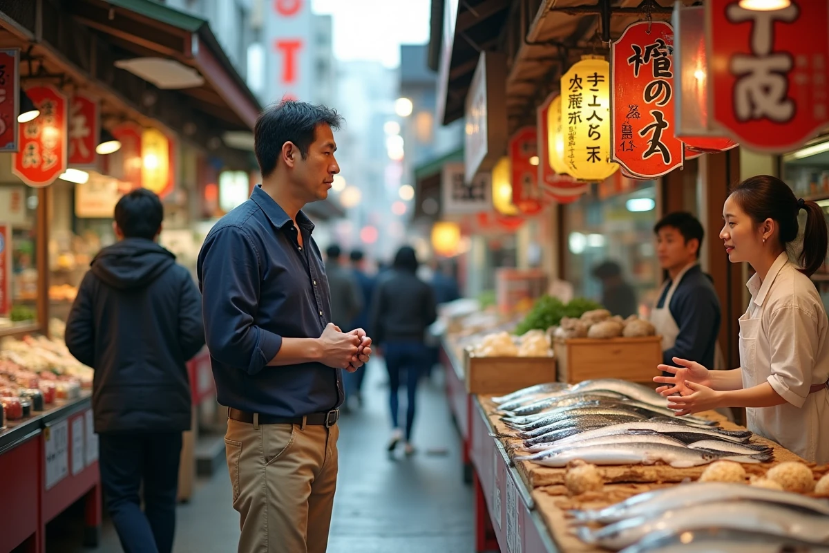 Marché animé d'Ameyoko à Tokyo avec un homme discutant avec un vendeur de fruits de mer