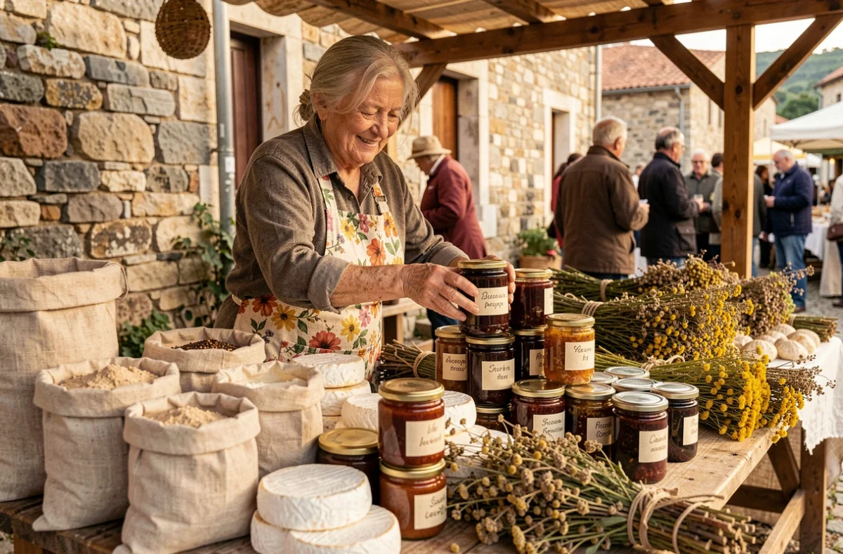 Productrice corse âgée vendant des spécialités locales artisanales sur un marché authentique du nord de la Corse