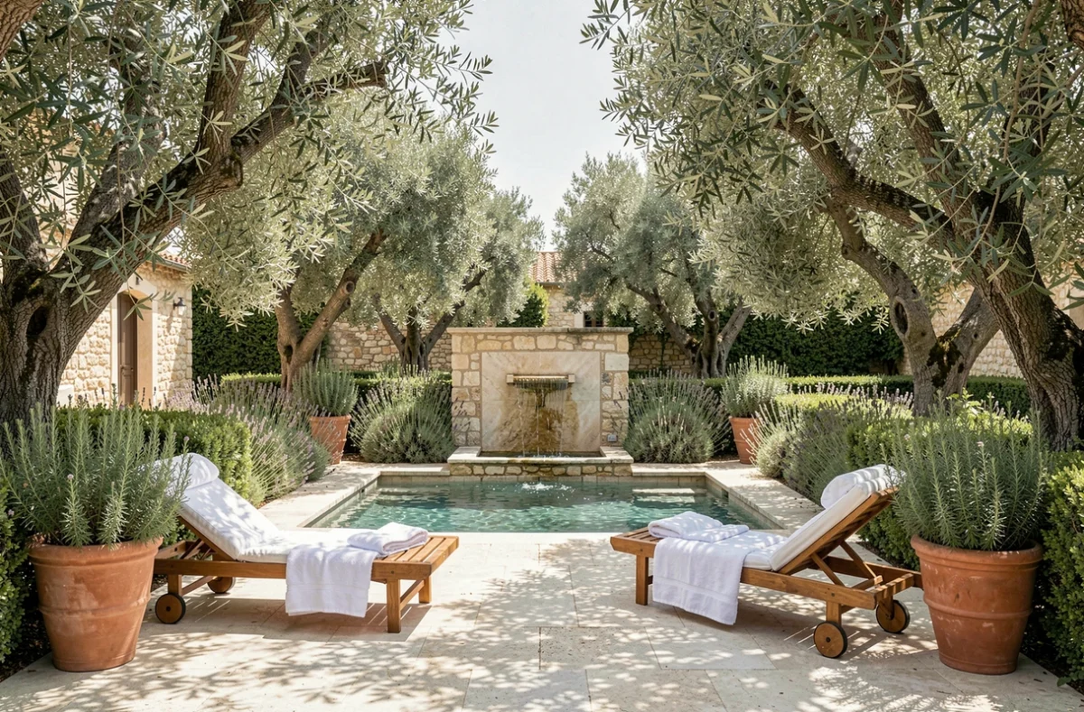 Cour spa avec piscine en pierre du Mas des Arts & Spa à La Colle-sur-Loup