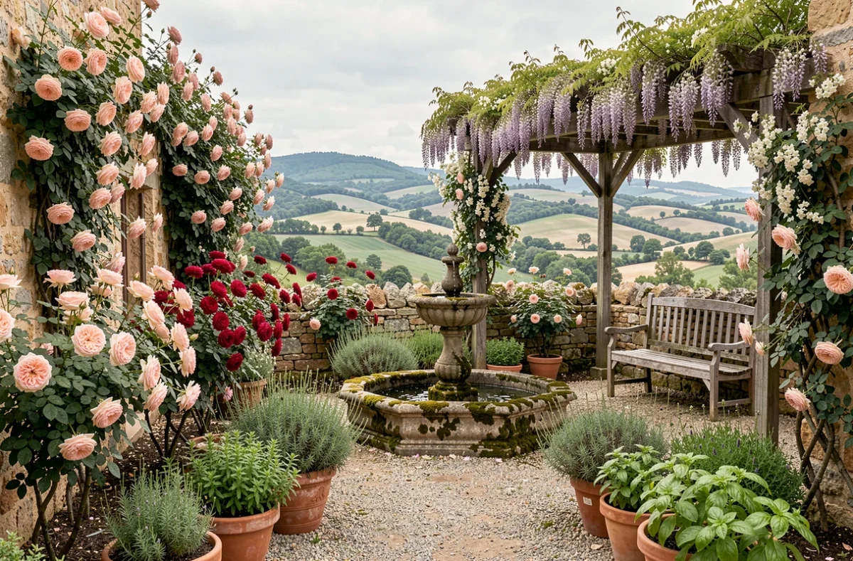 Jardin aromatique du Mas du Naoc à Grasse avec roses et jasmin