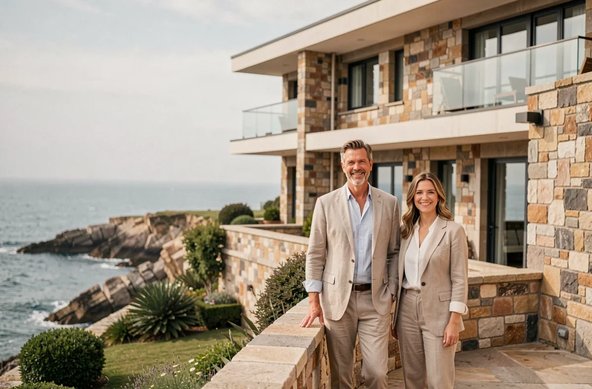 Façade élégante du Mauritia Hotel et Spa à Pornic avec couple sur terrasse face à l'Atlantique