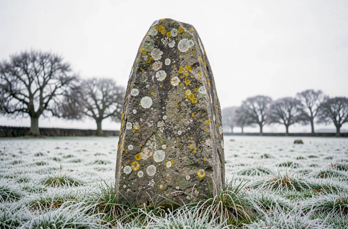 Menhir granitique couvert de lichen dans un champ givré du Finistère en hiver