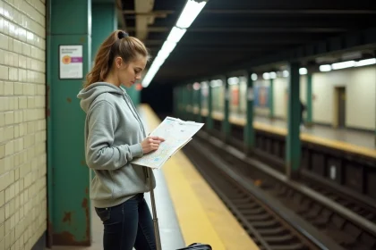 Voyageuse consultant un plan de métro new-yorkais avec une valise, option économique pour rejoindre l'aéroport
