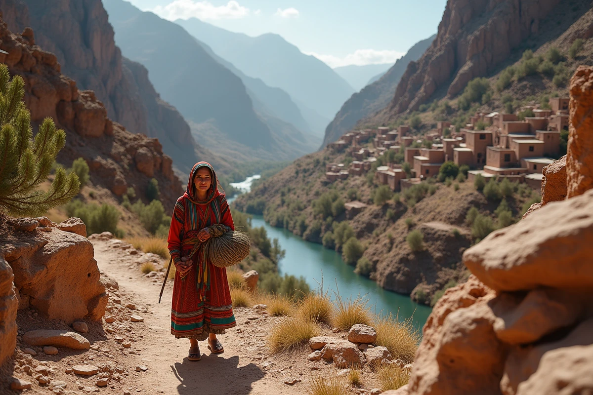 Femme berbère portant des herbes sur un sentier rocheux dans la vallée de l'Atlas avec villages traditionnels en arrière-plan