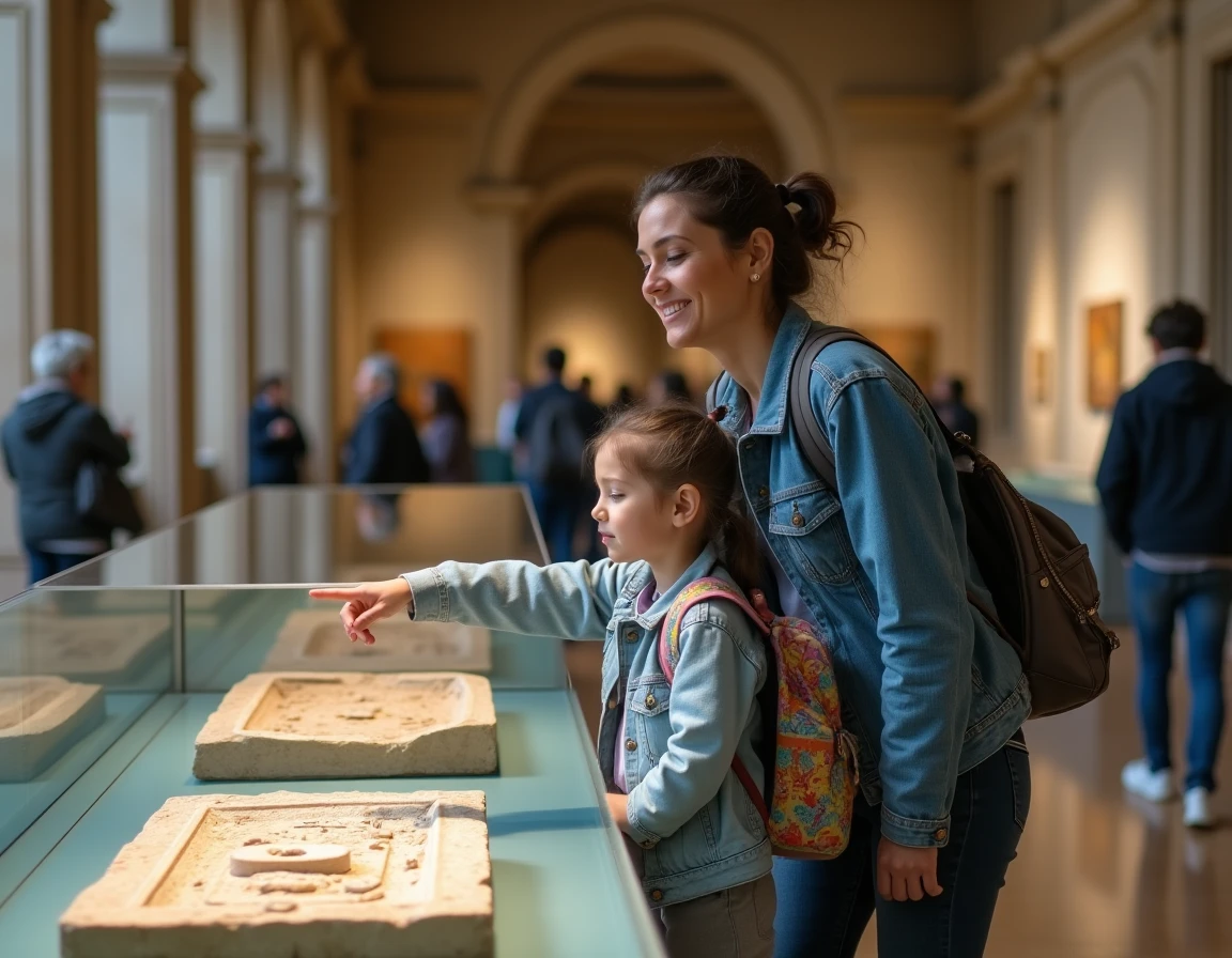 Mère et fille observant des mosaïques romaines au Musée National de Naples en famille