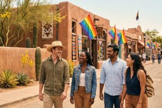 Groupe d'amis LGBTQ+ se promenant dans une rue colorée d'une ville du désert américain avec des drapeaux arc-en-ciel