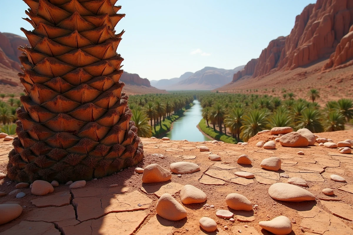 Oasis de palmiers dans la vallée du Draa avec une kasbah en pisé visible parmi la végétation dans le pré-Sahara marocain