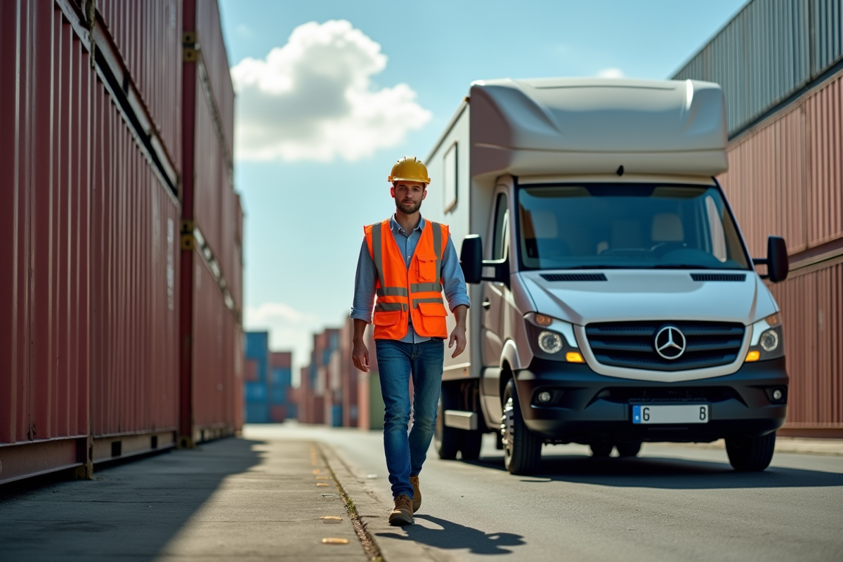 Ouvrier guidant un van sur une plateforme portuaire