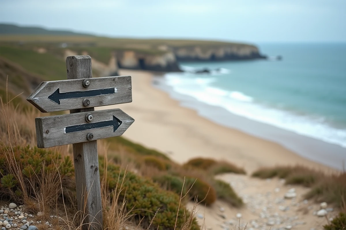 Panneau de signalisation du sentier côtier menant à la Plage des 3 Pointes avec vue sur les rochers